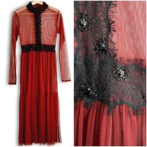 LACE & BEADS \ Sheer Mesh Tiered Pleated Maxi Long Dress Burgundy Red M Flawed